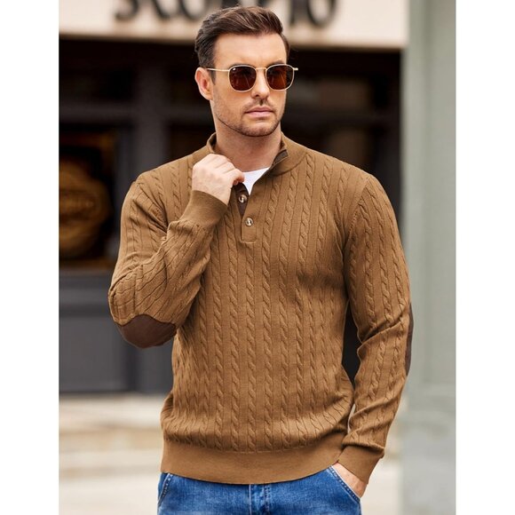 Men's Cable Knit Pullover Sweater Long Sleeve Stand Collar Button Up Light Brown - Picture 2 of 6
